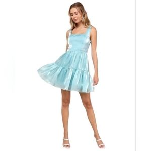 Lulus Thriving Darling Shiny Teal Blue Mermaidcore Sleeveless Tiered Mini Dress